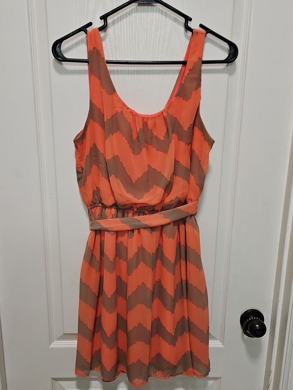 Lily Rose Orange and Tan Chevron Belted Sleeveless Dress